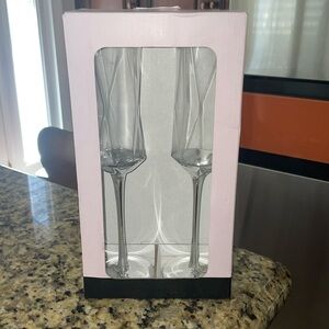 Rachel Zoe Long Stem Champagne Flute (2) Glass Silver-new